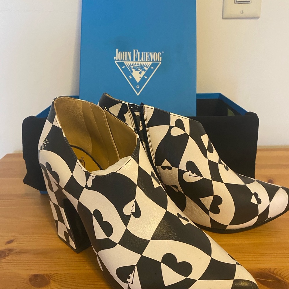 John Fluevog Black and White Heart Patterned Shoes